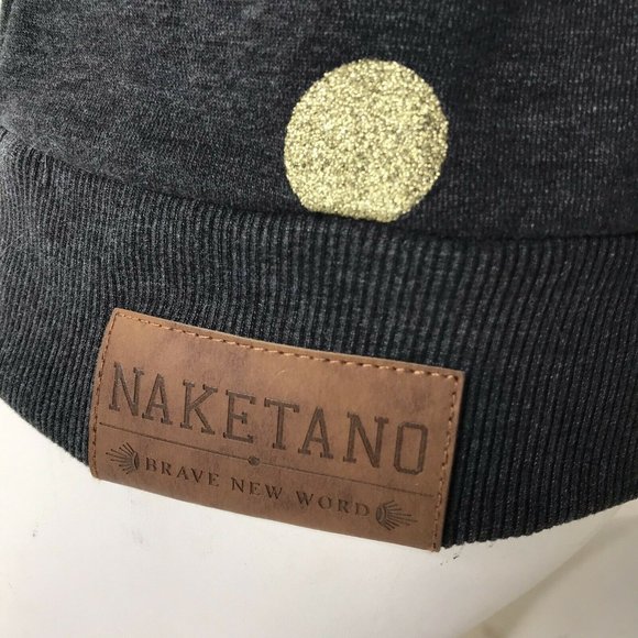 Naketano Women's Hoodie Pullover Brave New Word Gray Gold Sequined Polkadots M - Picture 5 of 11